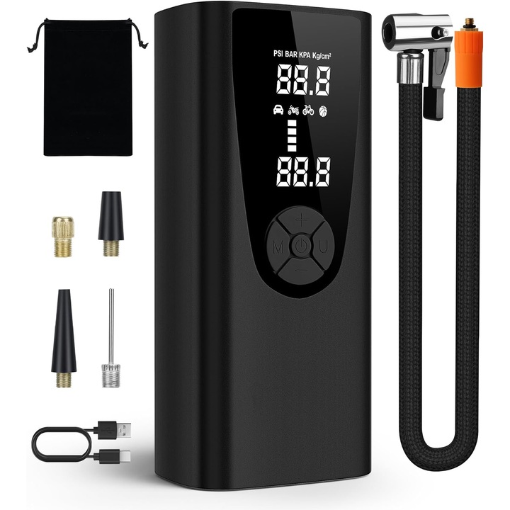 Compresor Auto portabil, URWANDER®, Upgrade 20000 mAh, 150 PSI, 34 L/min, 4 moduri presetate, Afisaj digital, Negru