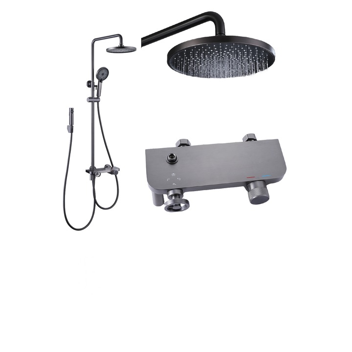 Set de dus cu para rotunda, afisaj digital, cu suport culisant, dus fix si para dus mobila, Negru Mat, design modern, cu etajera