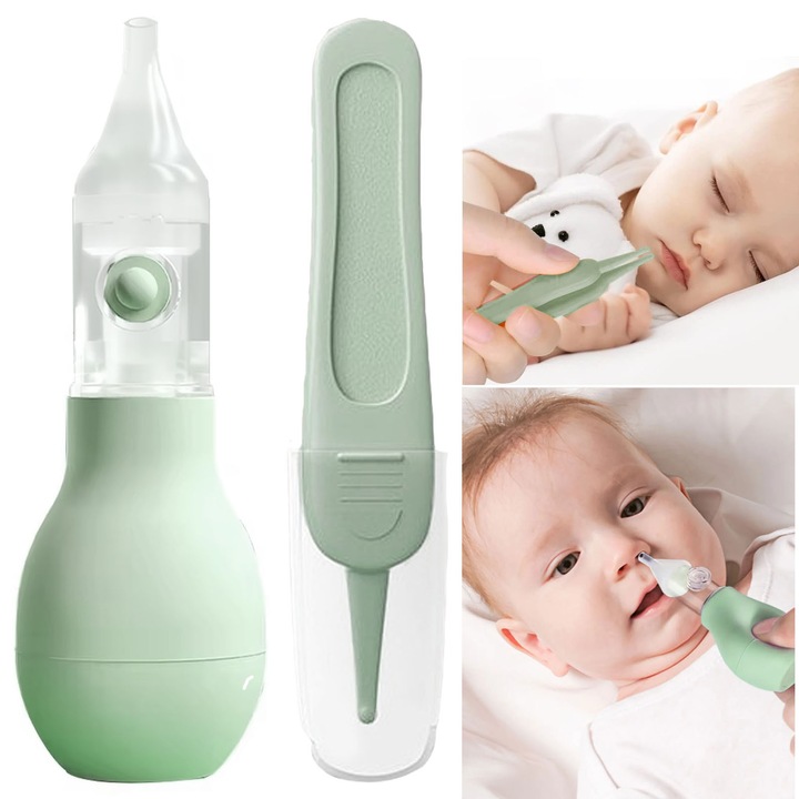 Set aspirator nazal pentru bebelusi, Axroad Mall, Varf de silicon, Clip Booger, Anti-reflux, Rezistenta la temperaturi, Design ergonomic, Manual, Cu pompita, 0+ luni, Usor de curatat, Silicon/PP, 112 * 41 mm, Verde
