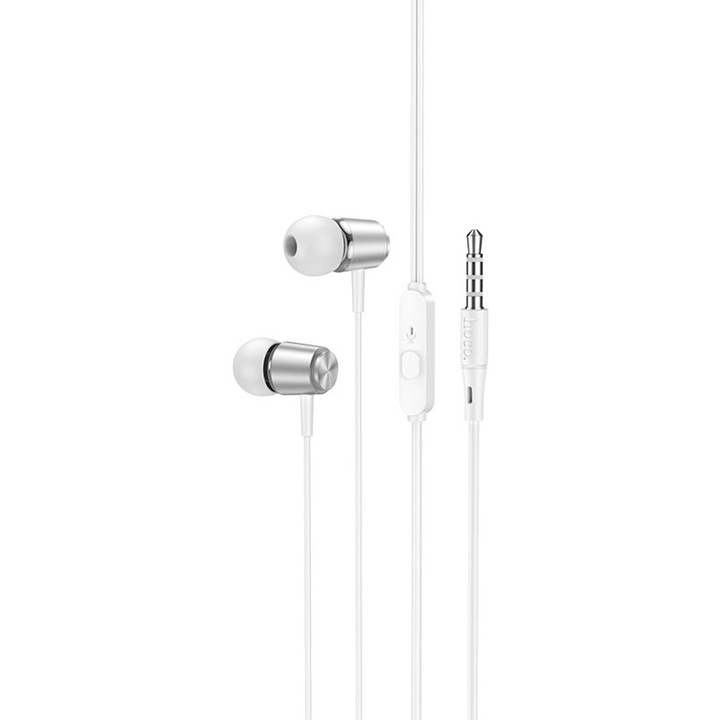 Casti cu fir, Universale, conector Jack 3.5mm, comenzi pe fir, compatibile cu iPhone / iPad / Samsung / Huawei / Xiaomi / Moto / Oppo, lungime fir 1.2m, Metall White (M108)