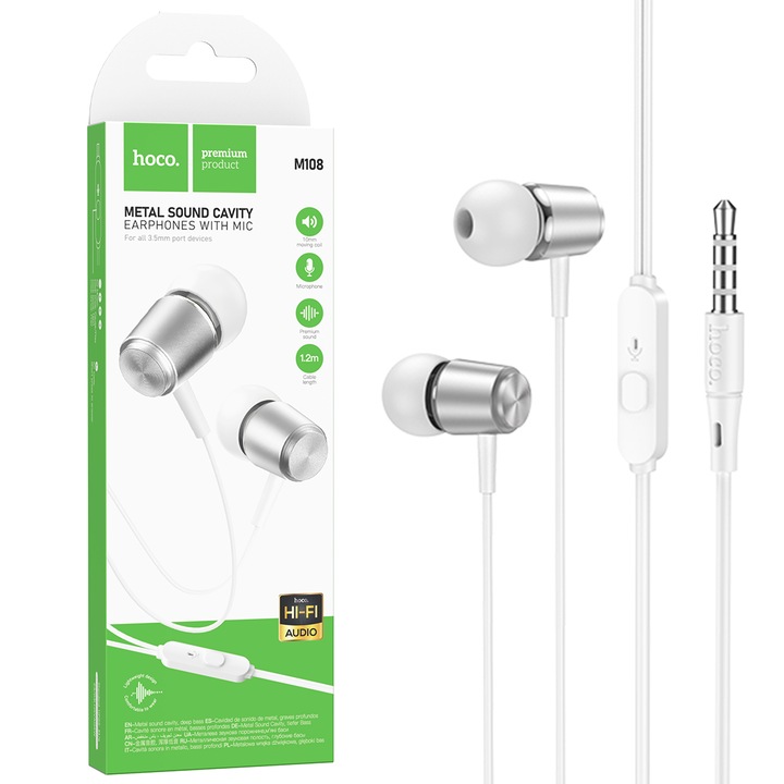 Casti cu fir, Universale, conector Jack 3.5mm, comenzi pe fir, compatibile cu iPhone / iPad / Samsung / Huawei / Xiaomi / Moto / Oppo, lungime fir 1.2m, Metall White (M108)