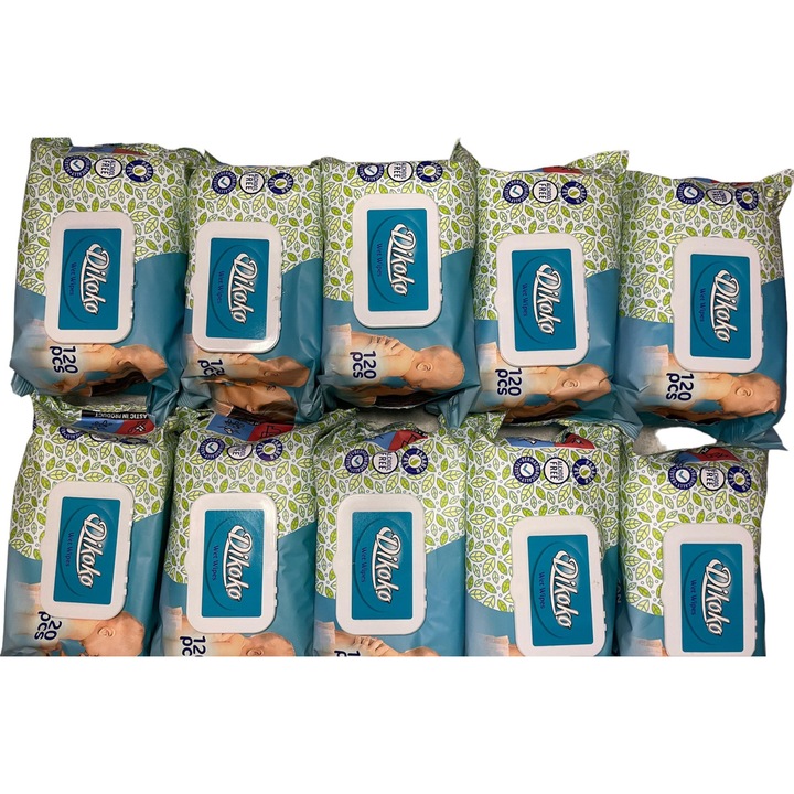 Set 10 pachete servetele umede 120 buc/pachet, cu capac, Dikoko, 1200 buc
