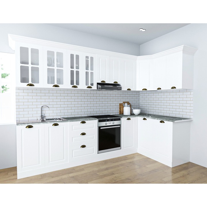 Set bucatarie Colt cu soft-close si fronturi MDF, Badenmob, seria Square, 300/140 Alb Rustic, montaj reversibil