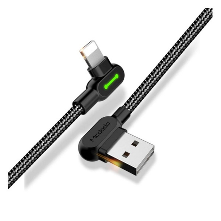 Mcdodo adatkábel, usb - lightning, 2.4a, 120cm, 90 fokos, led jelzés, fekete, kompatibilis: Apple IPAD 2 / iPhone 5 / iPhone 5C