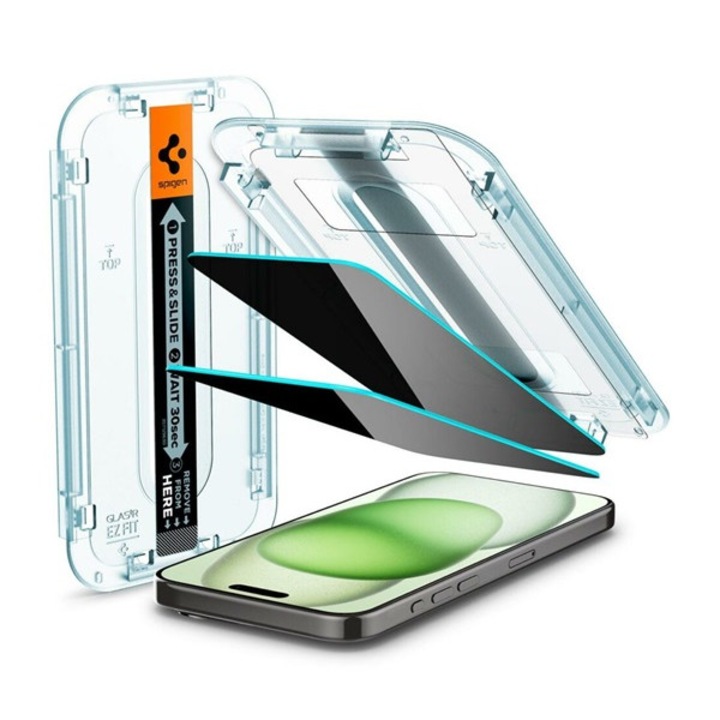 Spigen ez fit képernyővédő üveg 2db, 2.5d, betekintés védelem, 0.2mm, 9h + segédkeret, átlátszó, kompatibilis: Apple iPhone 16 Plus / iPhone 15 Plus