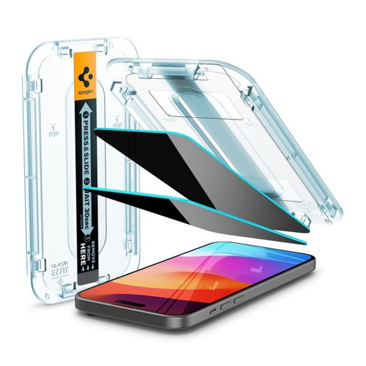 Spigen ez fit képernyővédő üveg 2db, 2.5d, betekintés védelem, 0.2mm, 9h + segédkeret, átlátszó, kompatibilis: Apple iPhone 16 / iPhone 15