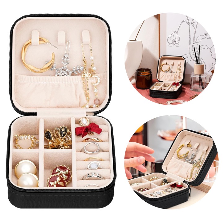 Cutie de bijuterii portabila, NUODWELL, Rezistent la apa si praf, Cu doua separatoare detasabile si fermoar, Pentru depozitarea colierului, inelului, cercelului si a cerceilor de ureche, 9.7 x 9.7 x 4.8 cm, Negru