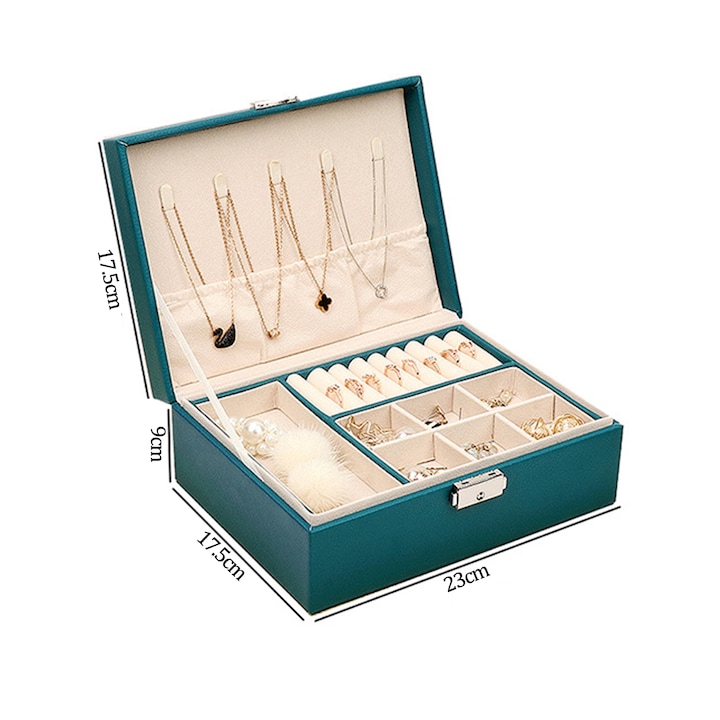 NUODWELL Кутия за бижута на 2 нива с ключ, дизайн с много отделения, водо- и влагоустойчива, за пръстени, колиета, обеци и обеци, изработена от дърво и кожа, 23 x 17,5 x 9 см, тъмнозелена