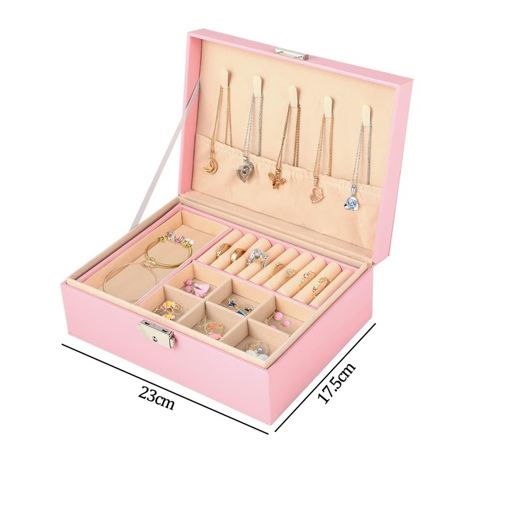 NUODWELL 2 rétegű ékszerdoboz kulccsal, több rekeszes kialakítás, víz- és nedvességálló, gyűrűkhöz, nyakláncokhoz, fülbevalókhoz és fülbevalókhoz, fa és bőr, 23 x 17,5 x 9 cm, rózsaszín