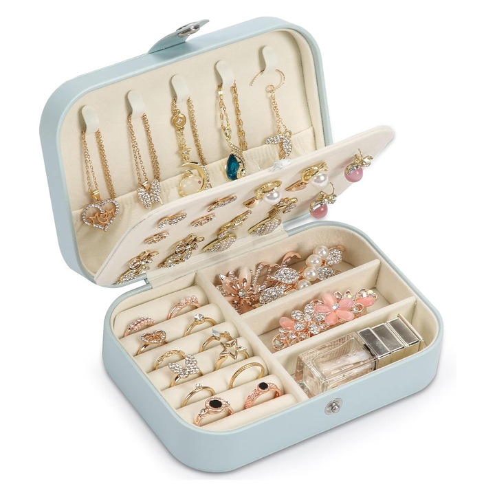 Cutie organizatoare pentru bijuterii portabila, NUODWELL, Cu buton metalic de fixare si compartimente detasabile, Pentru inel, cercel, colier, pandantiv, bratara, Piele PU, 16 x 11 x 5cm, Albastru