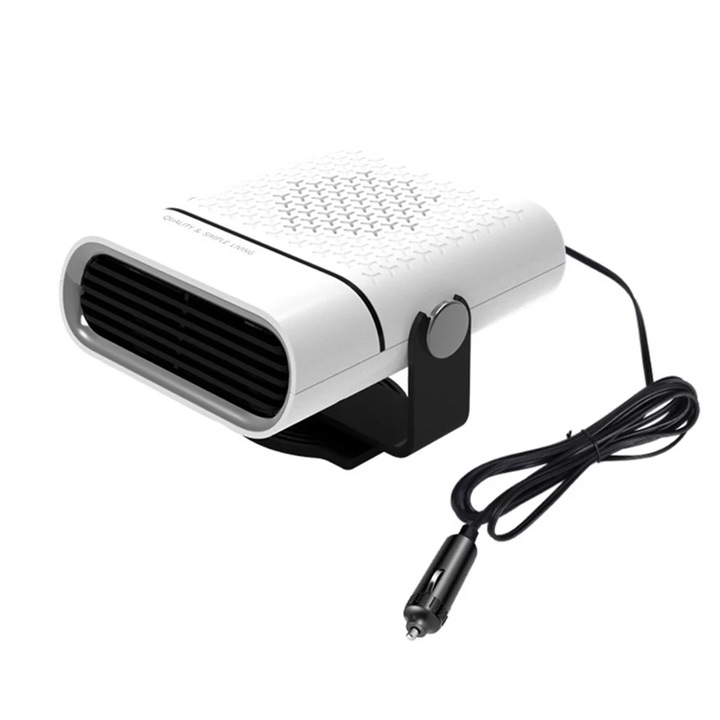Нагревател за кола с вентилатор 2 в 1 12V, NUODWELL, Мощност 150 W, Ротатор на 360°, Обезмразяване и размразяване на предното стъкло, Plug and Play, Лесен за инсталиране и използване, ABS, 14 x 10,5 x 8 cm, Бял