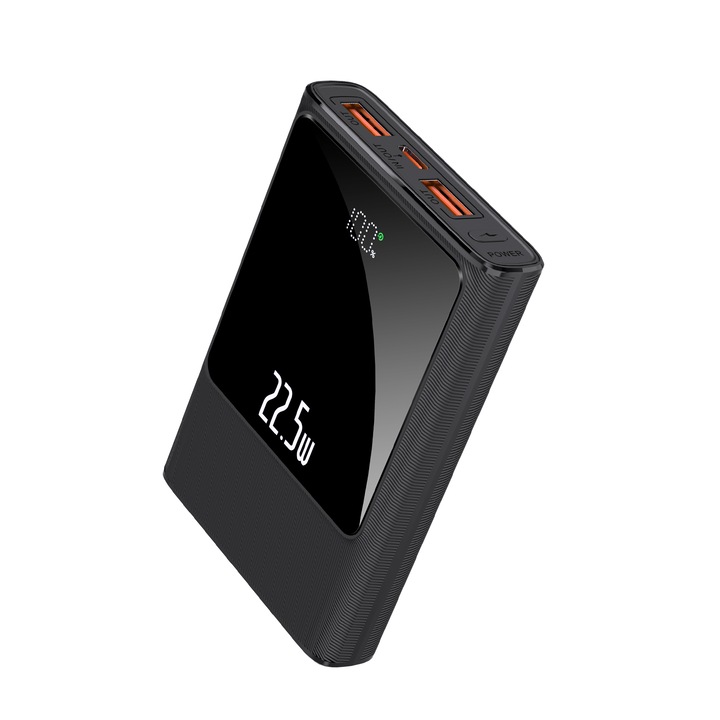 Baterie Externa, Jonkuu, 10000mAh, Quick Charge, 2 x USB, USB-C, PD 22.5W, Display digital, Mini, Negru