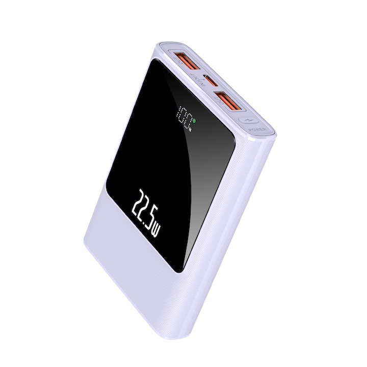 Külső akkumulátor, Jonkuu, 10000 mAh, gyorstöltés, 2 x USB, USB-C, PD 22,5 W, digitális kijelző, mini, fehér