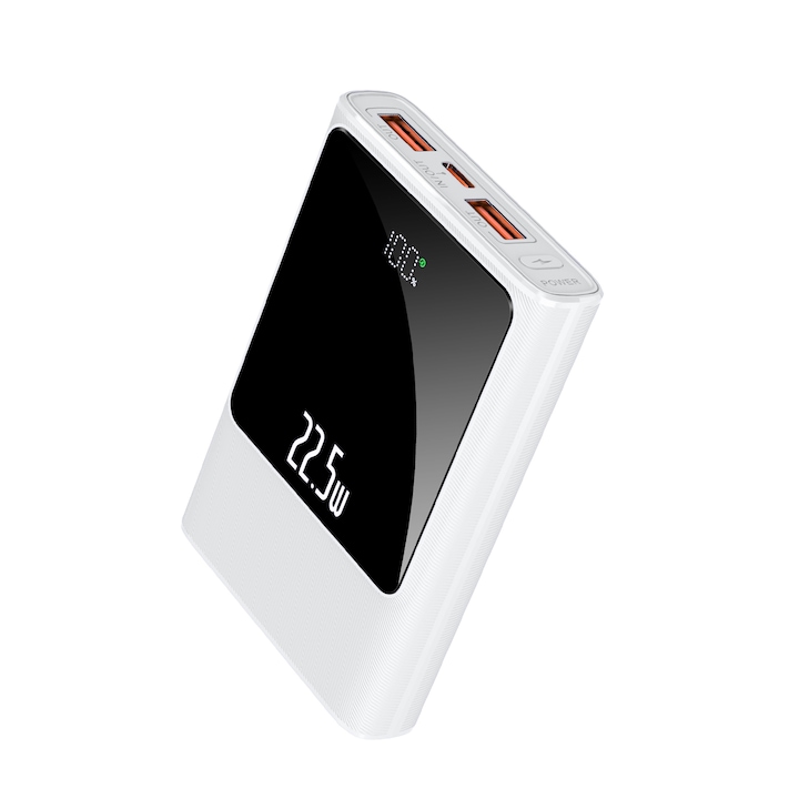 Baterie Externa, Jonkuu, 10000mAh, Quick Charge, 2 x USB, USB-C, PD 22.5W, Display digital, Mini, Alb