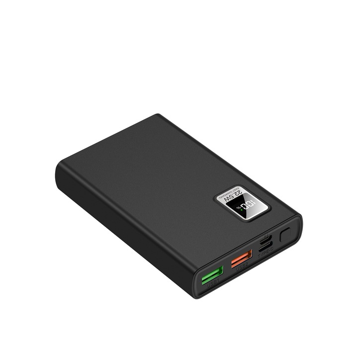 Външна батерия, Jonkuu, 10000mAh, бързо зареждане, 2 x USB, USB-C, Micro USB, PD 22.5W, QC4.0, LED дисплей, Mini, Черен