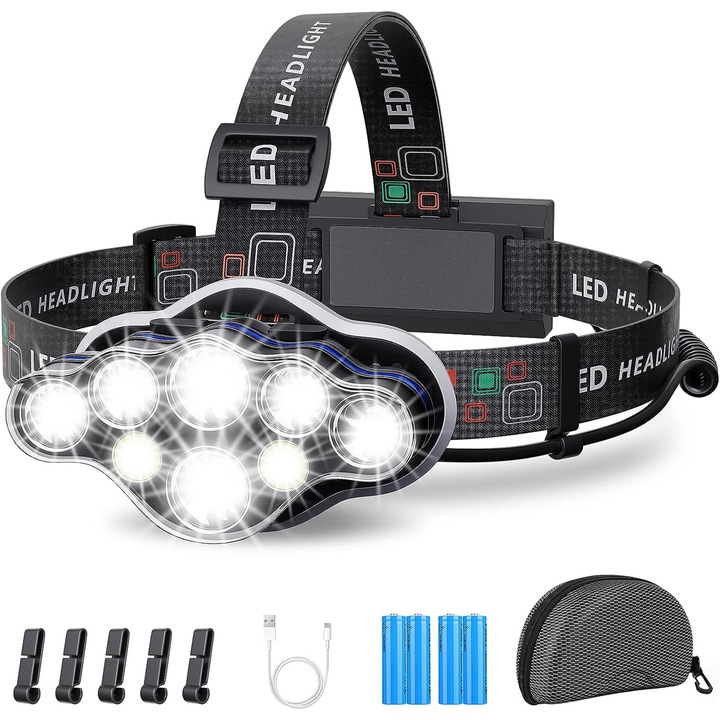 LED челник, NUODWELL, 8XLED източник на светлина, 8 светлинни режима, включени батерия и USB-C кабел за зареждане, водоустойчив, въртящ се на 90°, подходящ за къмпинг на открито, туризъм и работа, черен
