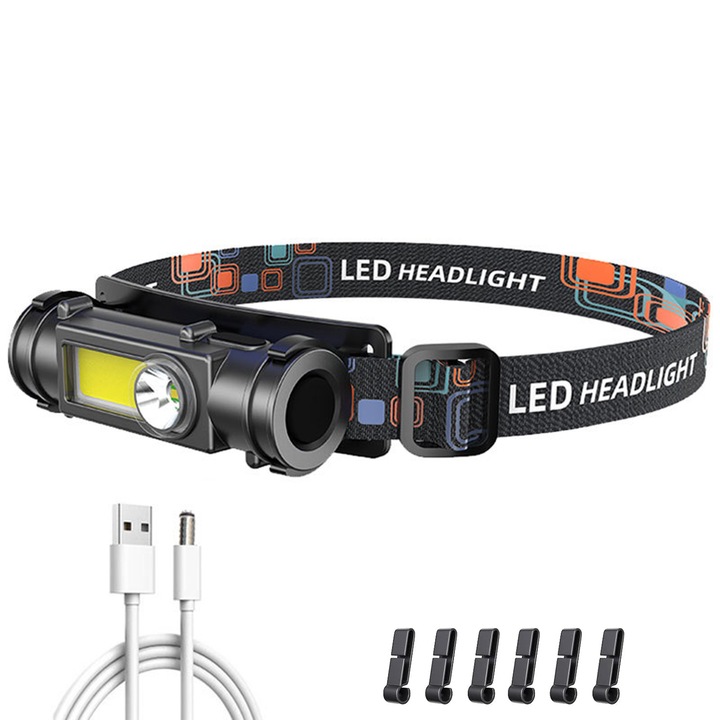 LED челник, NUODWELL, XPE+COD двоен източник на светлина, ABS материал, водоустойчив, USB бързо зареждане, живот на батерията 2-4 часа, регулируема презрамка, подходящ за туризъм, къмпинг и катерене, черен