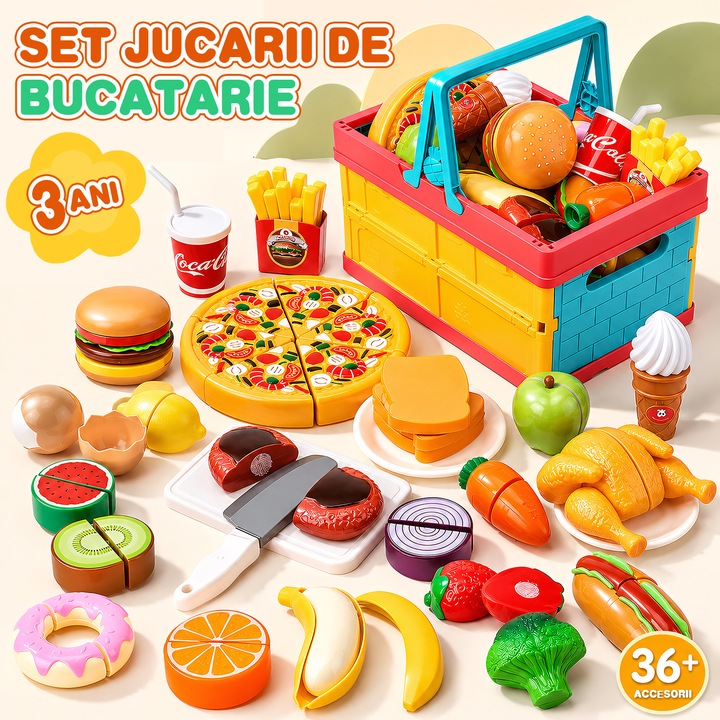 Set jucarii de bucatarie, Fructe legume si pizza de taiat, BYONDSELF®, Cu cos de depozitare pliabil, Conexiune velcro, pentru copiii 3 Ani+