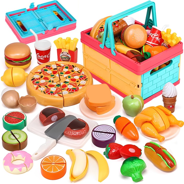 Set jucarii de bucatarie, Fructe legume si pizza de taiat, BYONDSELF®, Cu cos de depozitare pliabil, Conexiune velcro, pentru copiii 3 Ani+
