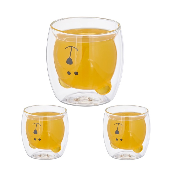 Cana termorezistenta Set de 3, cu model ursulet, pereti dubli, sticla borosilicata, pentru bauturi calde si reci, 300 ml fiecare