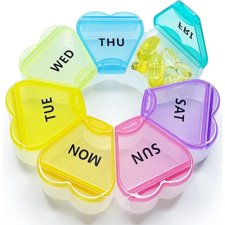 Cutie organizator medicamente portabil, 7 zile, 7 Compartimente, 12 x 12 x 2.5 cm, JENUOS®, Multicolor