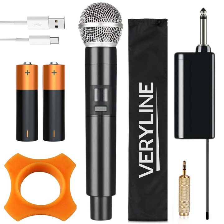 Microfon Wireless VERYLINE™, Plug and Play, pentru Karaoke si Conferinte, Receptor Wireless cu Acumulator, Cablu USB, Suport Antialunecare, Husa de Protectie, Adaptor tip Jack, 2x Acumulatori Reincarcabili si 3x Bureti inclusi