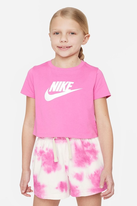 Nike, Къса памучна тениска с лого, Бял/Розово