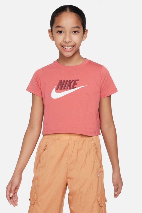 Nike, Къса памучна тениска с лого, Бял/Бордо/Корал