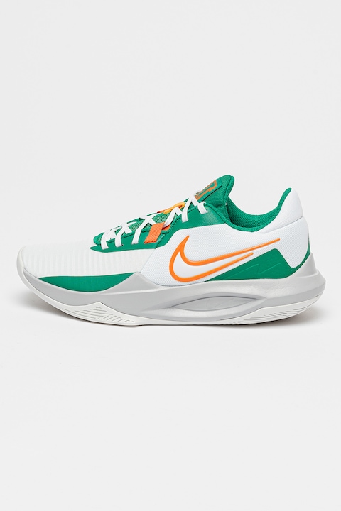 Nike, Унисекс баскетболни обувки Precision 6 с нисък профил, Бял/Зелен/Оранжев