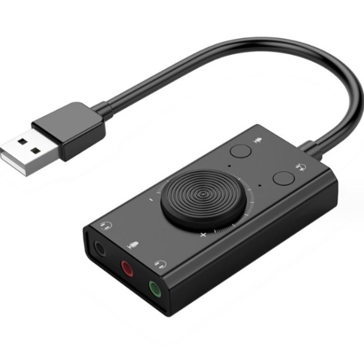 USB2.0 звукова карта, BOMSTOM, 3,5 мм жак конектори, Черен