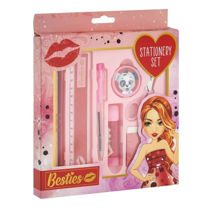 Set 7 instrumente Basic Bestie scoala rigla, creioane, lipici, forfecuta, pix