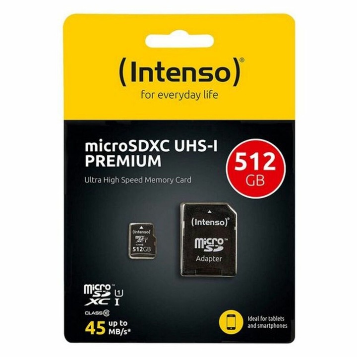 Micro SD карта памет с адаптер, INTENSO, 512 GB, 45 MB/s, Черна
