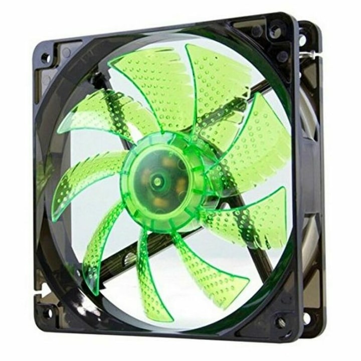 PC ventilátor, NOX, NXCFAN120LG, műanyag, 19 V, 1200 RPM, 120x120 mm, zöld/fekete
