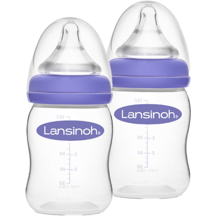Biberon Lansinoh, cu tetina din silicon cu flux lent, 0% BPA, 160 ml, 0 luni+, 2 bucati