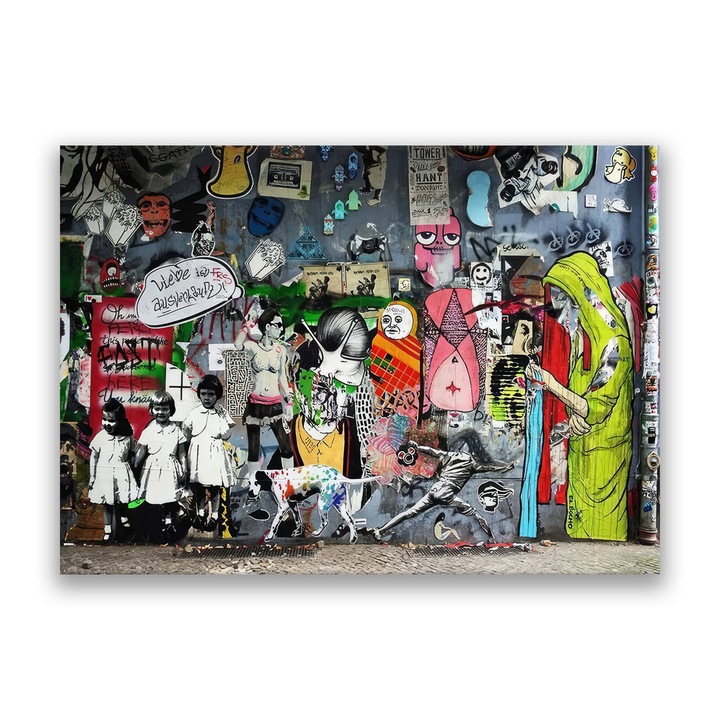 Картина на платно, LuxCanva® A1348, Banksy Street, 50 X 70 CM, 100% памучно платно 400g/m2, дървена рамка, всекидневна, графити, художник, хора, живи цветове