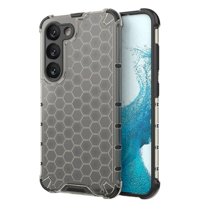 Husa pentru Samsung Galaxy S23 FE, Hybrid, Armor Shield, Honeycomb Design, Bumper, Colturi cu Airbag, Antisoc, Protectie Camera, Optim Protect Tech, Gri