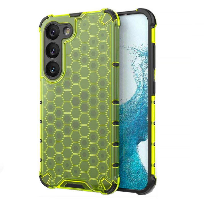 Husa pentru Samsung Galaxy S23 FE, Hybrid, Armor Shield, Honeycomb Design, Bumper, Colturi cu Airbag, Antisoc, Protectie Camera, Optim Protect Tech, Verde