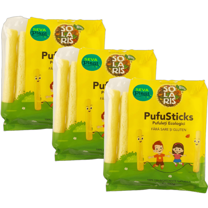 Set 3 Pufuleti din porumb nemodificat genetic PufuSticks fara sare, fara gluten, fara aditivi, 3x60g, Solaris Plant