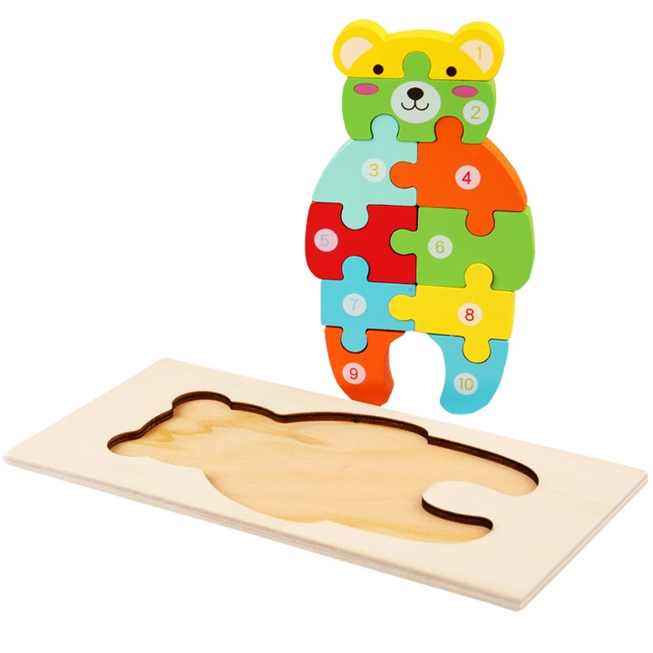 Jucarii educative si interactive pentru copii, puzzle Montessori pentru baieti si fete de la 12 luni, blocuri de urs impartite in 10 piese, 21, 4x10x1, 2 cm, multicolor