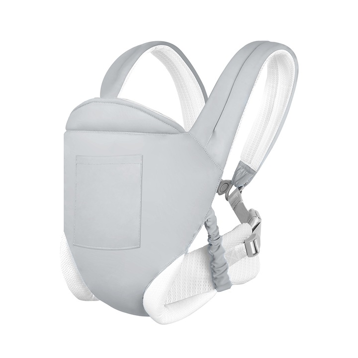 Marsupiu Ergonomic Bebelusi, JESWO®,3-36 months, Reglabil, pana la 20 kg, 4 pozitii, cu buzunar de depozitare, Poliester, Gri deschis