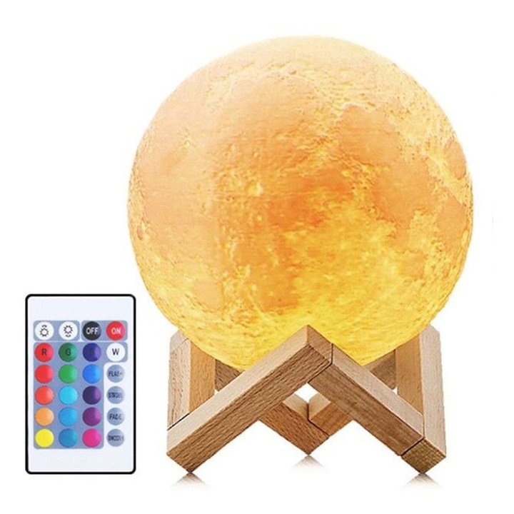 Lampa de veghe luna 3D 12cm, multicolora 5 efecte, reincarcabila USB, telecomanda, suport lemn, lumina ambientala