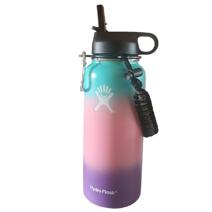 Бутилка Hydro Flask от неръждаема стомана и вакуумна изолация с капак, скоба и сламка 946 ml, тюркоаз, розово, лилаво