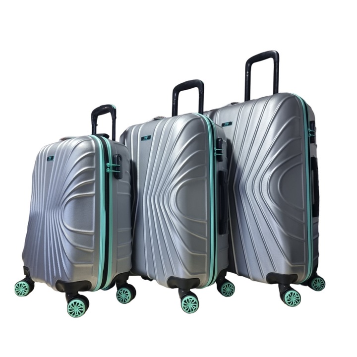 Set 3 trolere, MY LUGGAGE, model PERDE, ABS, marime L, M, S, fermoar impermeabil, culoare Gri/Aquamarine