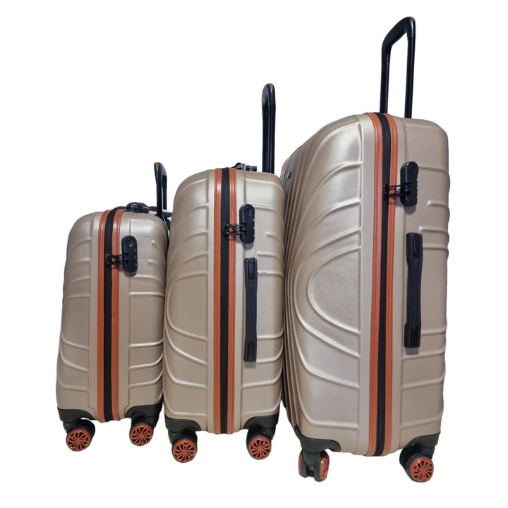 Set 3 trolere, MY LUGGAGE, model PERDE, ABS, marime L, M, S, fermoar impermeabil, culoare Gold/Tabac