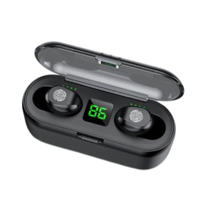 Vezetékmentes fülhallgató, LED akku töltöttség kijelző, Érintésvezérlés, Beépített mikrofon, Automatikus párosítás, Fekete