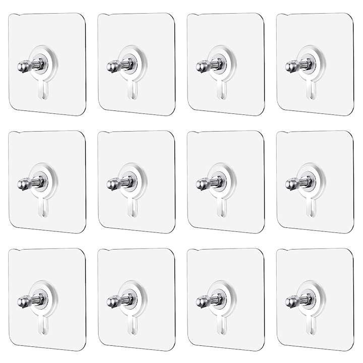 Carlige Adezive transparente, Minetgnon®, Fara Gaurire, Fara Deteriorare a Peretelui, Potrivit Pentru Baie/Toaleta/Bucatarie Si Usa, Rezistente pana la 10kg, Rezistente la apa si ulei, PVC, 60x60x12mm, 12 piese, Transparent