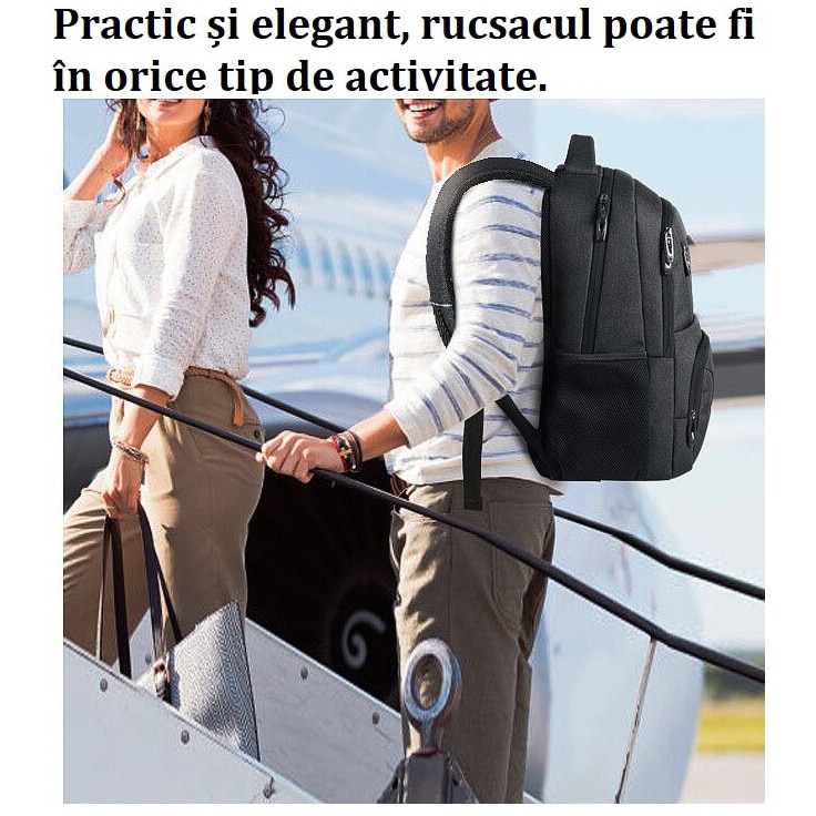 Rucsac Negru, Alcatuit din 4 Compartimente, Slot USB Pentru Incarcare, Material Impermeabil, Benzi Reflectorizante, Multitudine de Buzunare, Fabricat din Materiale de Calitate Superioara, Aspect Modern si Atractiv