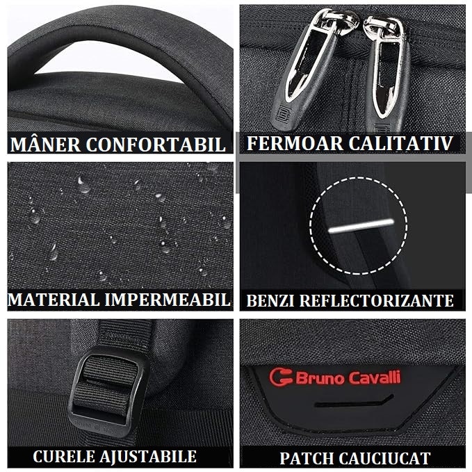 Rucsac Negru, Alcatuit din 4 Compartimente, Slot USB Pentru Incarcare, Material Impermeabil, Benzi Reflectorizante, Multitudine de Buzunare, Fabricat din Materiale de Calitate Superioara, Aspect Modern si Atractiv