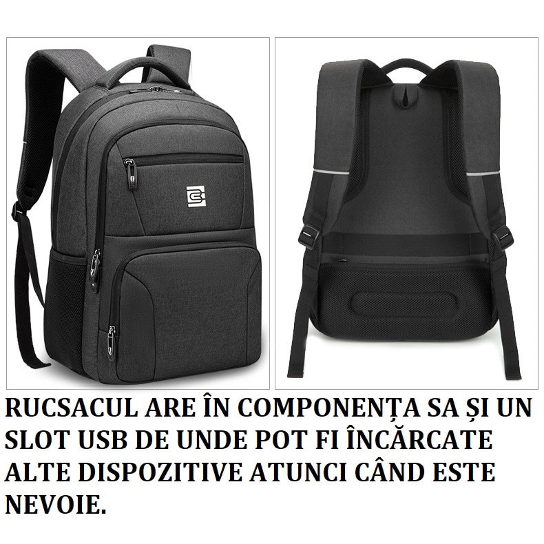 Rucsac Negru, Alcatuit din 4 Compartimente, Slot USB Pentru Incarcare, Material Impermeabil, Benzi Reflectorizante, Multitudine de Buzunare, Fabricat din Materiale de Calitate Superioara, Aspect Modern si Atractiv