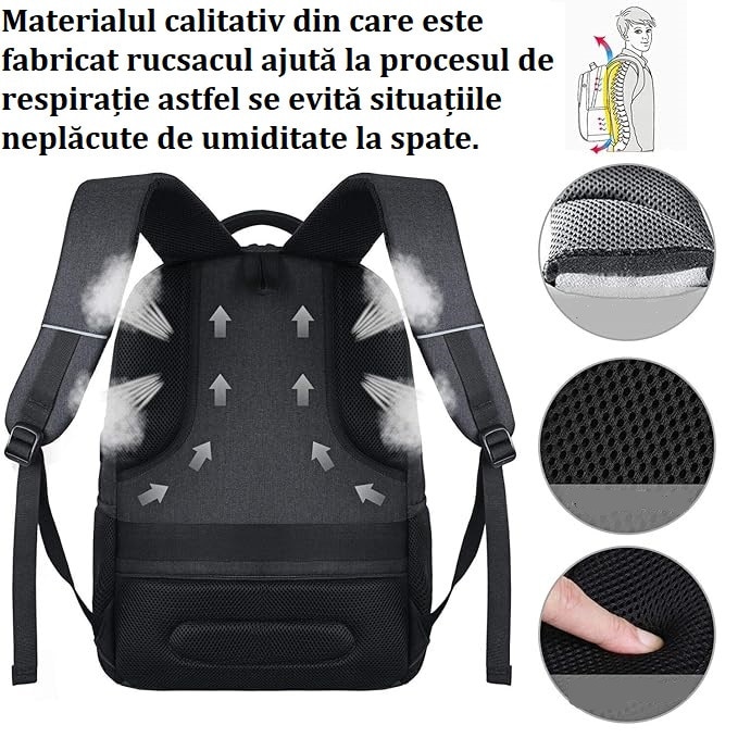 Rucsac Negru, Alcatuit din 4 Compartimente, Slot USB Pentru Incarcare, Material Impermeabil, Benzi Reflectorizante, Multitudine de Buzunare, Fabricat din Materiale de Calitate Superioara, Aspect Modern si Atractiv